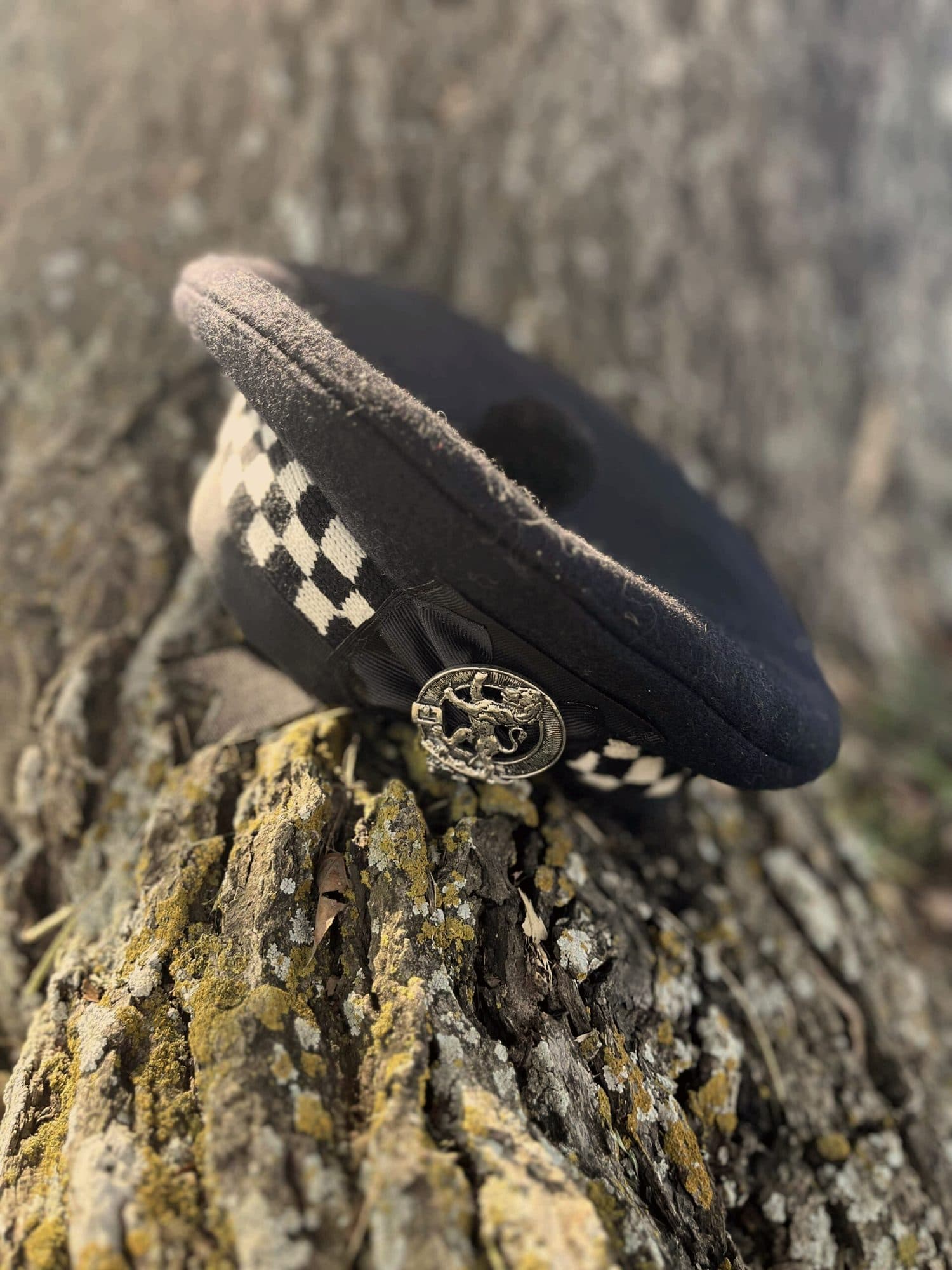 A navy Balmoral-style bonnet with a diced band and silver clan badge, resting on lichened bark
